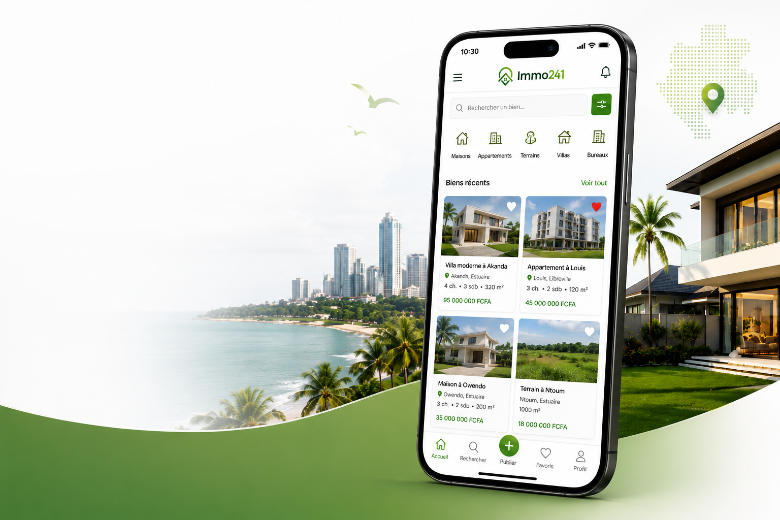 Exemples de biens immobiliers disponibles sur Immo241 - Maisons, appartements et terrains au Gabon